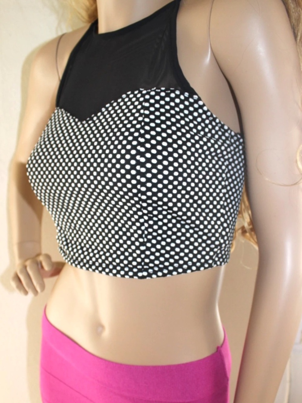 NWT Bebe 2b black white dot mesh cropped top